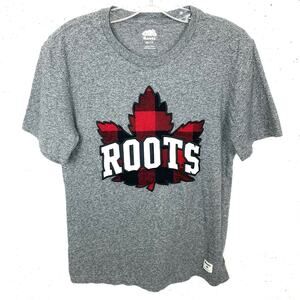 Roots Park Plaid Maple Leaf T-Shirt Short Sleeve Heather Grey Crewneck Size XS